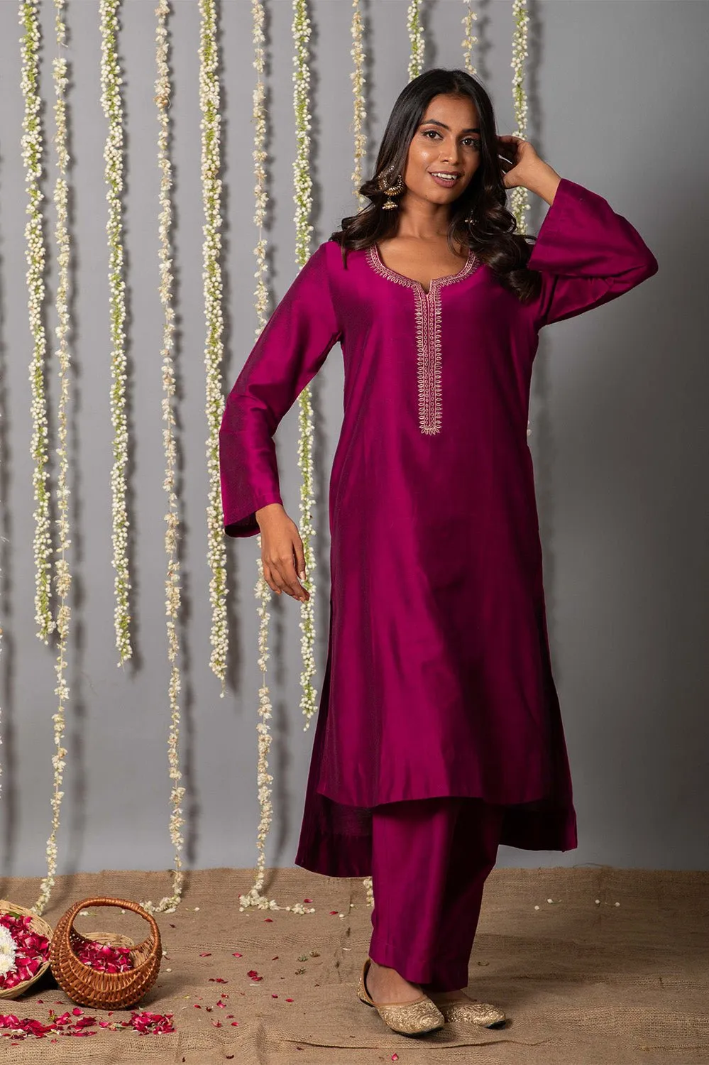 Wine Purple Cotton silk Kurta with Organza Silk Dupatta - Set of 3